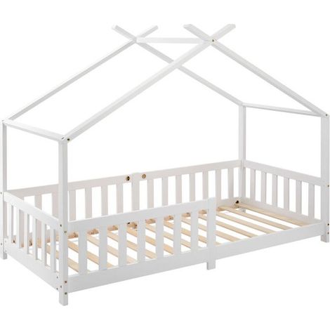 Lit enfant 90x200cm en bois massif avec protection anti-chute,Lit cabane avec sommier lattes blanc STRUCTURE DE LIT (1/5)