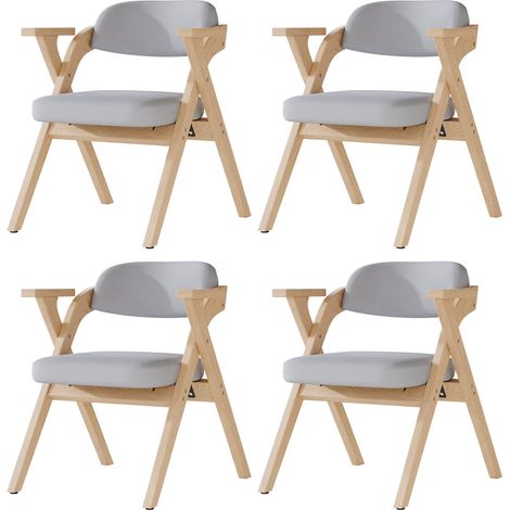 4er-Set klappbarer Esszimmerstühle aus Holz und grauem Leinen mit Armlehnen, MODENUIT (1/5)