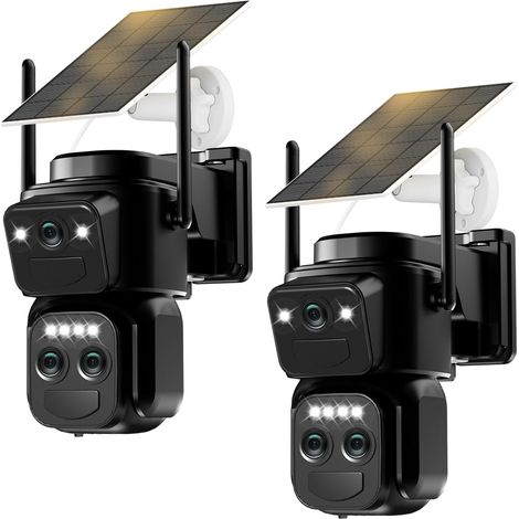 Caméra Surveillance WiFi Extérieure sans Fil, Triple Objectif/Camera Solaire/Batterie, Suivi Automatique, 360° PTZ Sécurité à Domicile, Vision Nocturne, Audio Bidirectionnel (Noir 2PCS) (1/5)