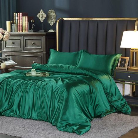 Bettwäsche Set 200x200 cm Dunkelgrün Glanzsatin 3-teilig mit Reißverschluss