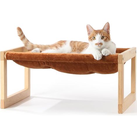 1 - Lit Pour Chat - Hamac Surélevé - En Bois De Pin Et Velours Doux - Pour Chats Chiots Lapins - Marron - 50,8x40,6 cm