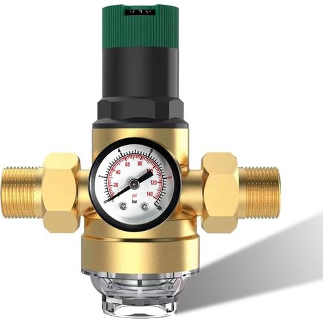 Water Pressure Reducer with Pressure Gauge, Water Filter Household Fitting 3/4 Pressure Reducer Reusable Pre-Filter Sediment Filter Water Pressure Reducer Brass (1/5)