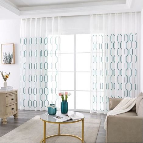 Lot de 2 Rideau Voilage a Oeillet Rideau Fenêtre Salon Rideau Voilage Chambre Adulte ,140x245cm (Blanc+Bleu) (1/4)