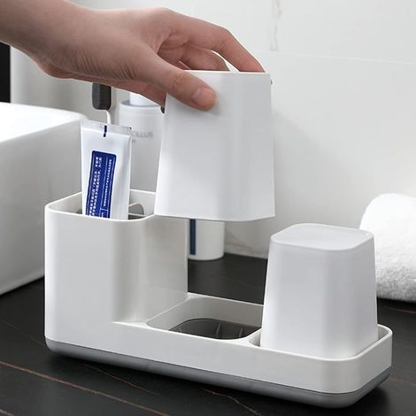 GENERIC-Porte Brosse à Dent, Verre à Dent de Qualité en Plastique avec Gobelets,Organisateur de Salle de Bain Multifonctionnel pour Lavabo ou Armoire Salle de Bain(Blanc) (1/5)