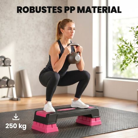 Stepper Fitness réglable en hauteur, 3 niveaux (12/17,5/22,5 cm), plateau d'aérobic avec tapis antidérapant noir et rose (1/5)