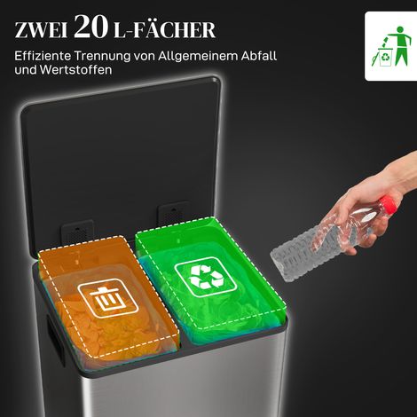 Poubelle double 20 L avec couvercle silencieux, anti-empreintes, en inox argenté (1/4)