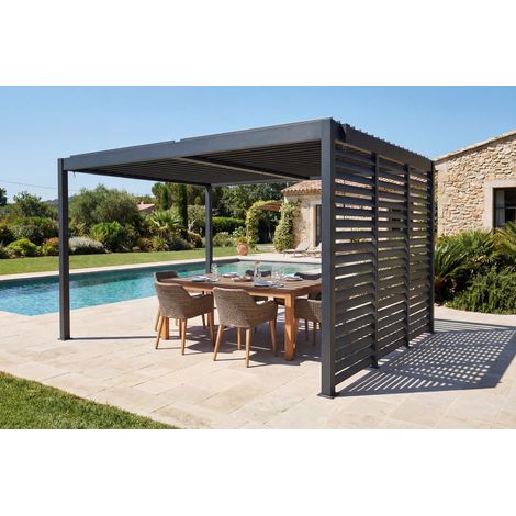 Pergola bioclimatique autoportée 3x4m PIANA aluminium gris avec 3 persiennes brise-vue