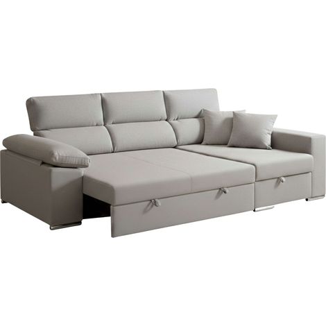 Sofá Cama Esquinero 3 Plazas Milano - Chaise Longue Derecho con Almacenaje, Asientos deslizantes, Gris 260x98x98 cm