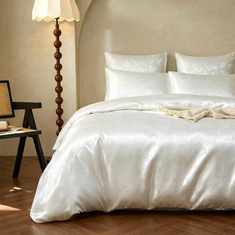 Bettwäsche 155x220 cm Satin Beige mit Schmetterlingsmuster, OEKO-TEX zertifiziert