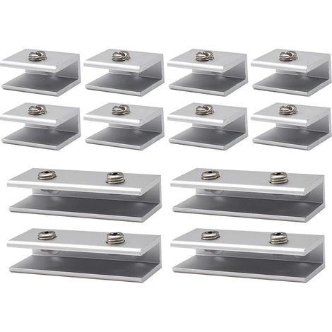 12 x Aluminium Glass Shelf Brackets 6 to 8 mm, 6 to 8 mm Aluminium Glass Clamps, 6-8 mm Shelf Brackets, Adjustable Fit Window Railing Stairs Bathroom (1/5)
