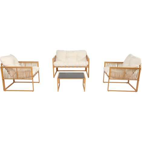 Mobili da giardino 4 posti effetto rattan con cuscini bianchi TURINI