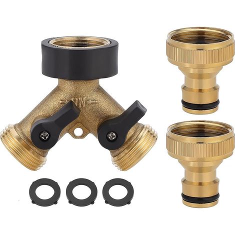 Adaptateur de robinet collecteur en laiton de 1,9 cm, répartiteur de tuyau d'arrosage à 2 voies avec deux connecteurs rapides, connecteurs extérieurs de tuyau d'irrigation - Robinet en laiton (1/5)