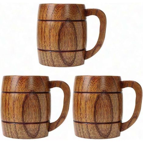 Lot de 3 chopes à bière en bois, contenance de 400 ml, finition naturelle, verres écologiques pour les fêtes et les cadeaux (1/5)