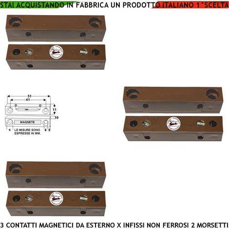 Contatto Magnetico da Esterno Tre Pezzi Sensore Reed Uscita Antifurto Morsetti NC Sensibilità Magnetica 13 mm Tensione Transito Max 30 V 0,5 A Carico Resistivo 2 Cover ABS Marrone Protezione IP40 (1/2)