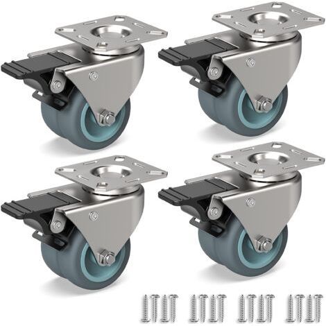 4 Ruote Girevoli per Mobili, Doppie Ruote Pesanti con Freno + Viti - 50mm Fino a 160KG - Ruota in Gomma per Carrello (1/4)