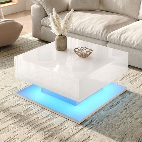 Couchtisch höhenverstellbar 72x72x35cm mit stauraum schubladen led beleuchtung app steuerung hochglanz modern wohnzimmertisch - Weiß (1/5)