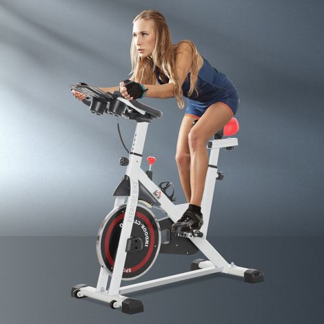 Vélo d'appartement silencieux - home trainer compact - haltère et LCD - porte-bouteille - résistance réglable - couleur blanche