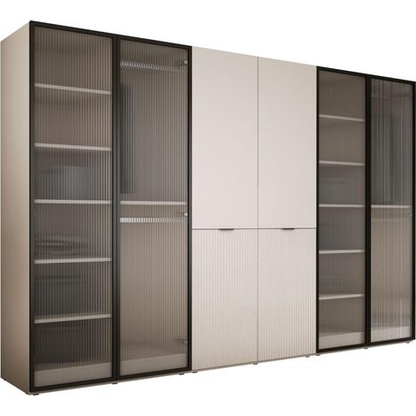 Armoire moderne en verre rainuré beige sable – 6 portes – 24 étagères – Dimensions 300 x 200 x 51 cm – Panneaux stratifiés – 3Xe Living