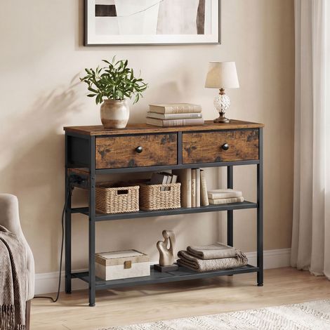 Table Console, avec Éclairage LED, 2 Tiroirs en Tissu, Multiprise Intégrée, Salon, Entrée, Marron