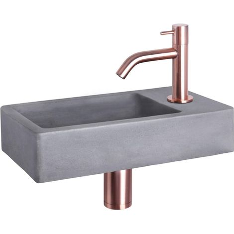 Differnz Force Set lave-mains 40x22x8cm 1 trou avec robinet courbé et siphon + bonde cuivre rose Rectangulaire Béton Gris foncé (1/5)