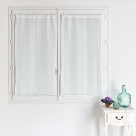 Paire de Petits Voilages Unis à Rayures Fantaisie - Polyester - Transparent - pour Fenêtre Salon Cuisine - Prêts à Poser - Lavable Machine - 45 x 120 cm - Blanc (1/5)