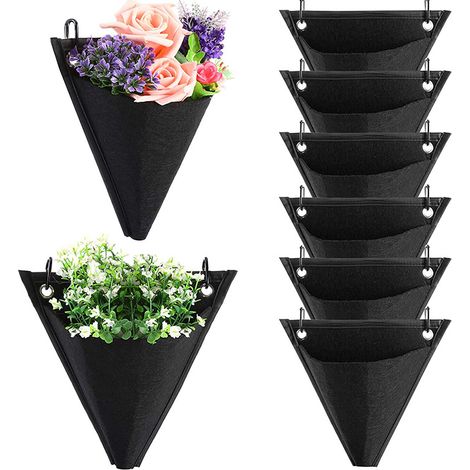 Sollbry 8Pcs Sac à Plantes Murale de Jardin,Poche de Plantation Vertical,Sac de Plantation Suspendu,Conception Triangulaire,avec Crochet, pour Extérieur(Noir (1/5)