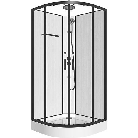 Vente-Unique – Cabine de douche hydromassante quart de cercle en fibre de bambou – Noir mat – L80 x l80 x H225 cm – 4 jets massants (1/5)