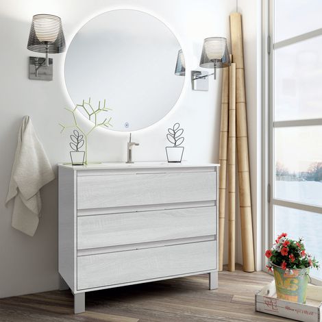 Meuble de salle de bain simple vasque - 3 tiroirs - hibernian (bois blanchi) - TIRIS 3C et miroir rond Led SOLEN - 80cm (1/4)