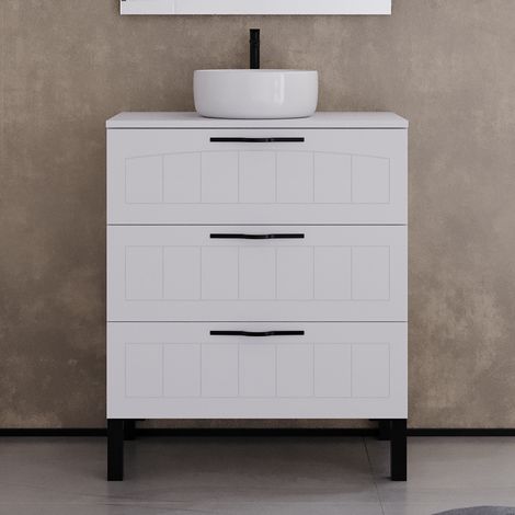 Meuble de salle de bain 60cm avec plateau et vasque à poser ronde - 3 tiroirs - sans miroir - blanc - CALA (1/5)