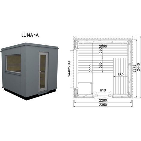 Infraworld Luna 1 Außensauna mit HPL-Platten Anthrazit versch. Fenstergrößen und Inneneinrichtung Luna 1A - Großes Fenster (BxH): 1440 x 799 mm (1/5)