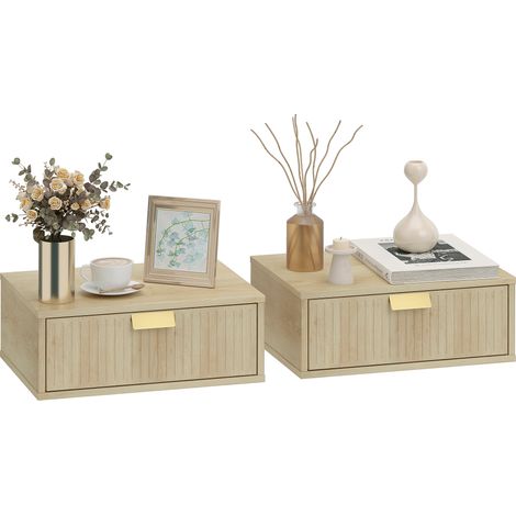 HOMCOM Floating Nightstands Set of 2 Bedside Tables w/ Wave Drawer Oak