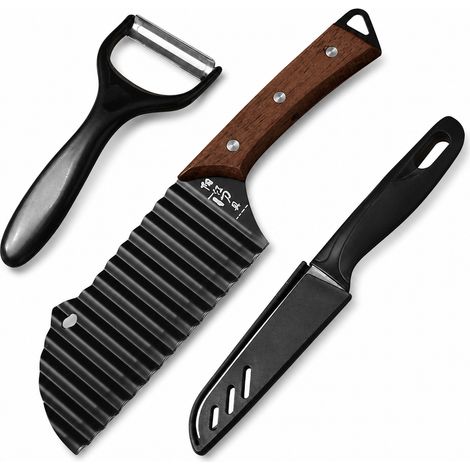Set de Cuisine 3 Pièces : Couteau Ondulé pour Pommes de Terre à Manche en Bois, Éplucheur et Couteau à Fruits (1/5)