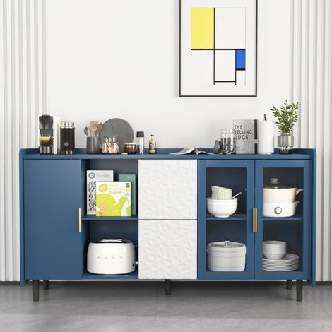 Buffet 150 x 40 x 80 cm -avec 2 Portes en Verre & 2 Tiroirs Design - Pieds Hauts pour Robot Aspirateur - Bleu et Blanc (1/5)