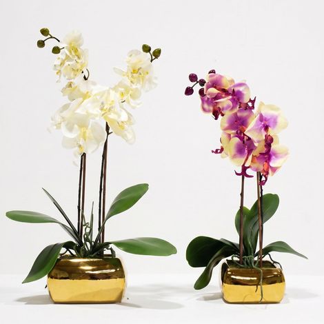 HOMESCAPES Artificial White Orchid in Gold Vase, Set of 2 Faux Potted Flowers