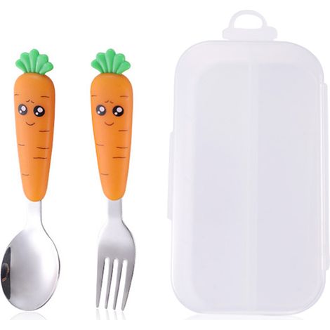 Cuillère Et Fourchette Enfants - Acier Inoxydable Et Silicone - Forme Carotte - Pour Apprentissage Autonome - Lot De 2 (1/5)