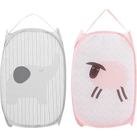 Lot de 2 paniers à linge pliables pop-up gris et rose 30x30x50cm, avec poignée pour transport et rangement (1/5)