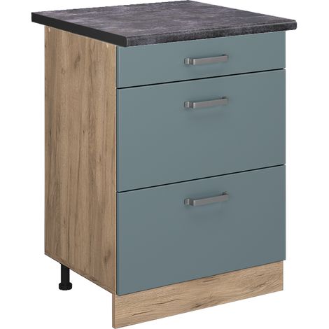 Mueble bajo de cocina R-Line, Gris azulado, 60 cm con cajones, ET Antracita, Vicco