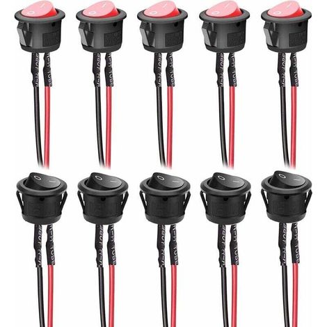 10 Stück 6A/250V 10A/125VAC vorverdrahteter runder Wippschalter 2-poliger Ein/Aus-Wippschalter für Auto, LKW (schwarz + rot) (1/4)