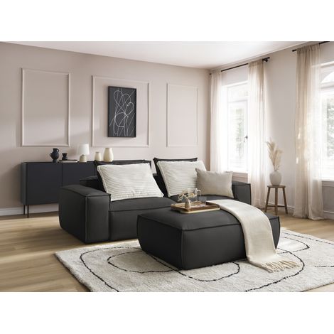 BOBOCHIC - Canapé droit fixe 3 places ultra moelleux BOHEME cuir végan avec pouf Noir (1/5)