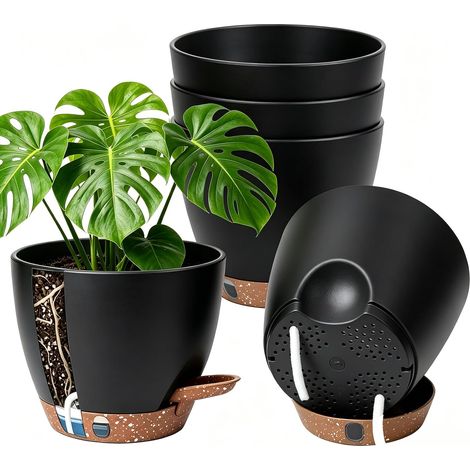 5 Pcs Pots de Fleurs en Plastique Auto-arrosant 15cm - Noir Jardiniere Auto-arrosant Pots à Fleurs pour Interieur, Exterieur, Balcon/ Lot de 5 (1/5)