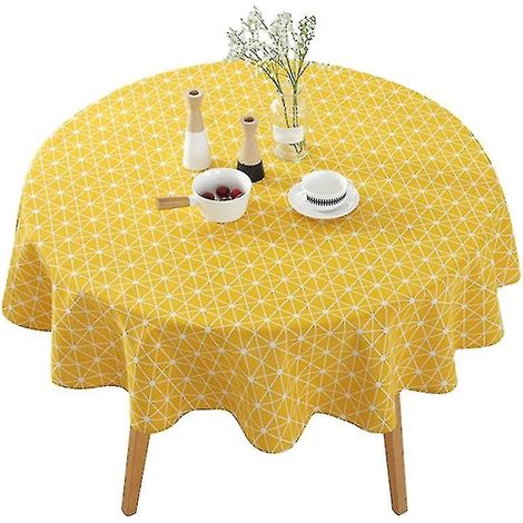 Nappe ronde de 150 cm en coton et lin, jaune, avec dessous de plat décoratif.