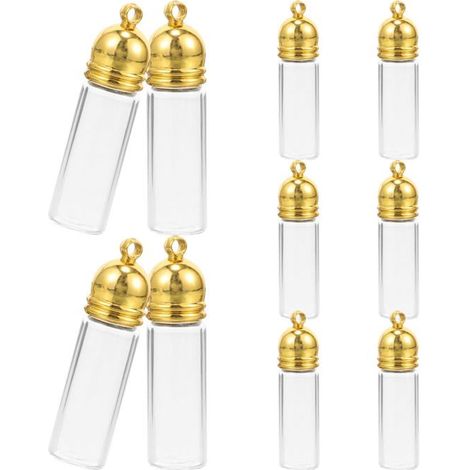 BelleRise - Un ensemble de 10 mini bouteilles en verre avec bouchons dorés, mesurant 35x11 mm, petites bouteilles en verre à suspendre. (1/5)