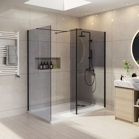 Wet Room Walk in Shower Enclosure Easy Clean Grey Glass Screen with Return Panel 760mm & 900mm (1/5)