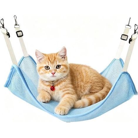 Hamac pour chat en cage - 50 x 60 cm - Tapis suspendu en maille respirante 60 x 50 cm - Avec sangles réglables - Bleu clair (1/5)