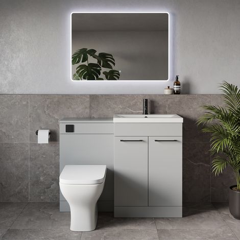 Napoli 390 Gloss Grey Pearl 1100mm 2 Door Vanity Unit Toilet Suite with Glide Basin - 1100mm - Matt Black 160mm HandleWith Kingston Toilet Pan and Seat