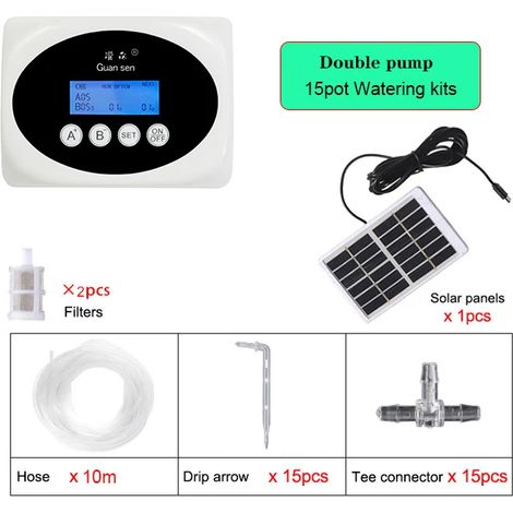 (Tuyau d'eau de 10 mètres) Système d'irrigation goutte à goutte intelligent à double pompe, minuterie de pompe à eau, énergie solaire. (1/5)