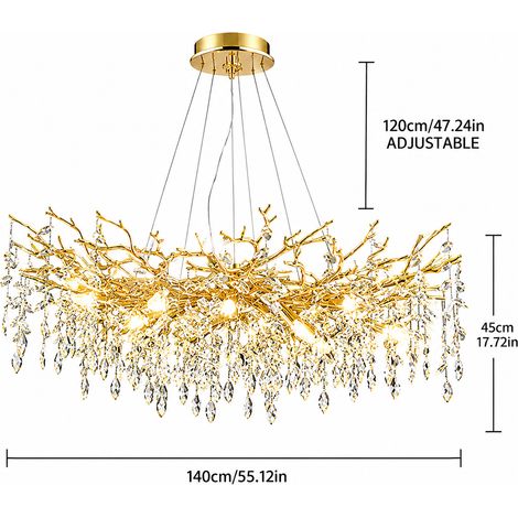 Très grand lustre suspension doré 140 cm en cristal K9, luminaire design luxe E14 réglable 120 cm pour salon salle à manger hall