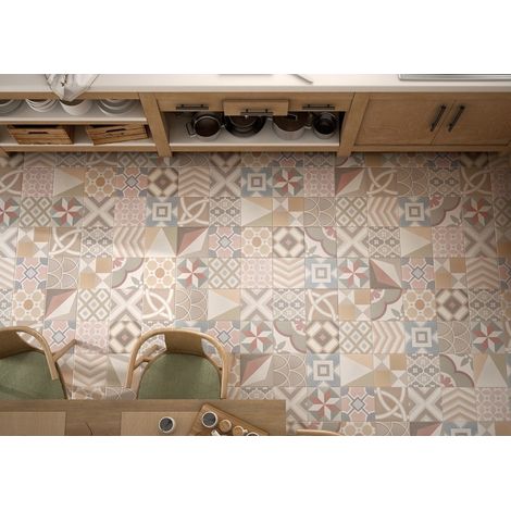 Carrelage grès cérame effet carreau de ciment patchwork 20x20 cm – Multicolore – Finition mat – Boîte de 1 m2 (1/2)