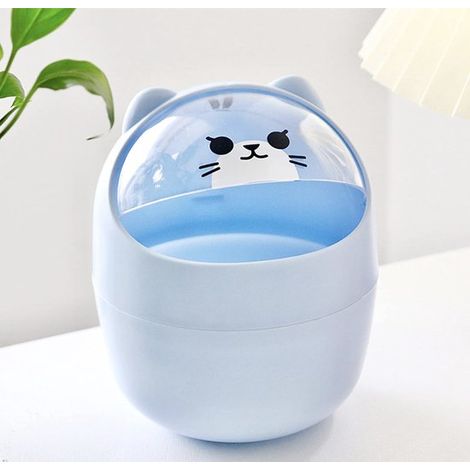 Poubelle de table avec couvercle, mini poubelle de bureau, poubelle pour enfants, petite poubelle de table pour salle de bain, poubelle à papier (bleue) (1/5)
