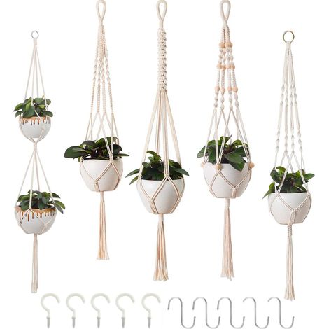 Lot de 5 suspensions de Fleurs macramé Décoration bohème Corde Coton Pot Fleurs intérieur Plafonds Balcons Décoration Murale Beige (1/5)